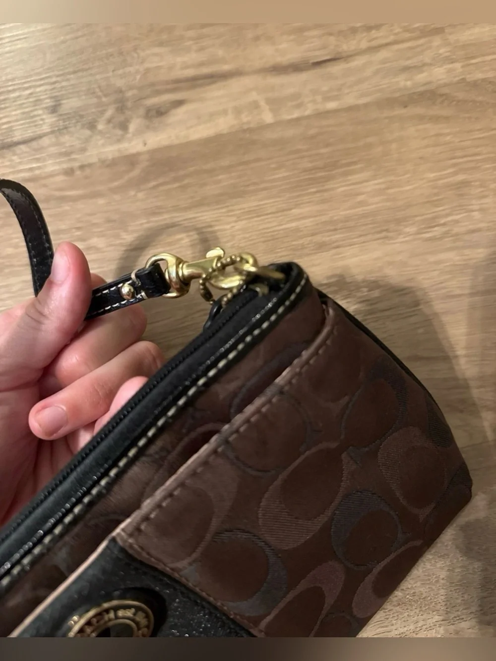 Coach Dark Brown Stripe Round Wristlet